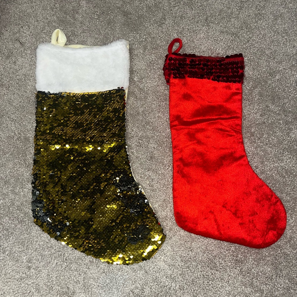 Gold and Red Sequin Christmas Stockings